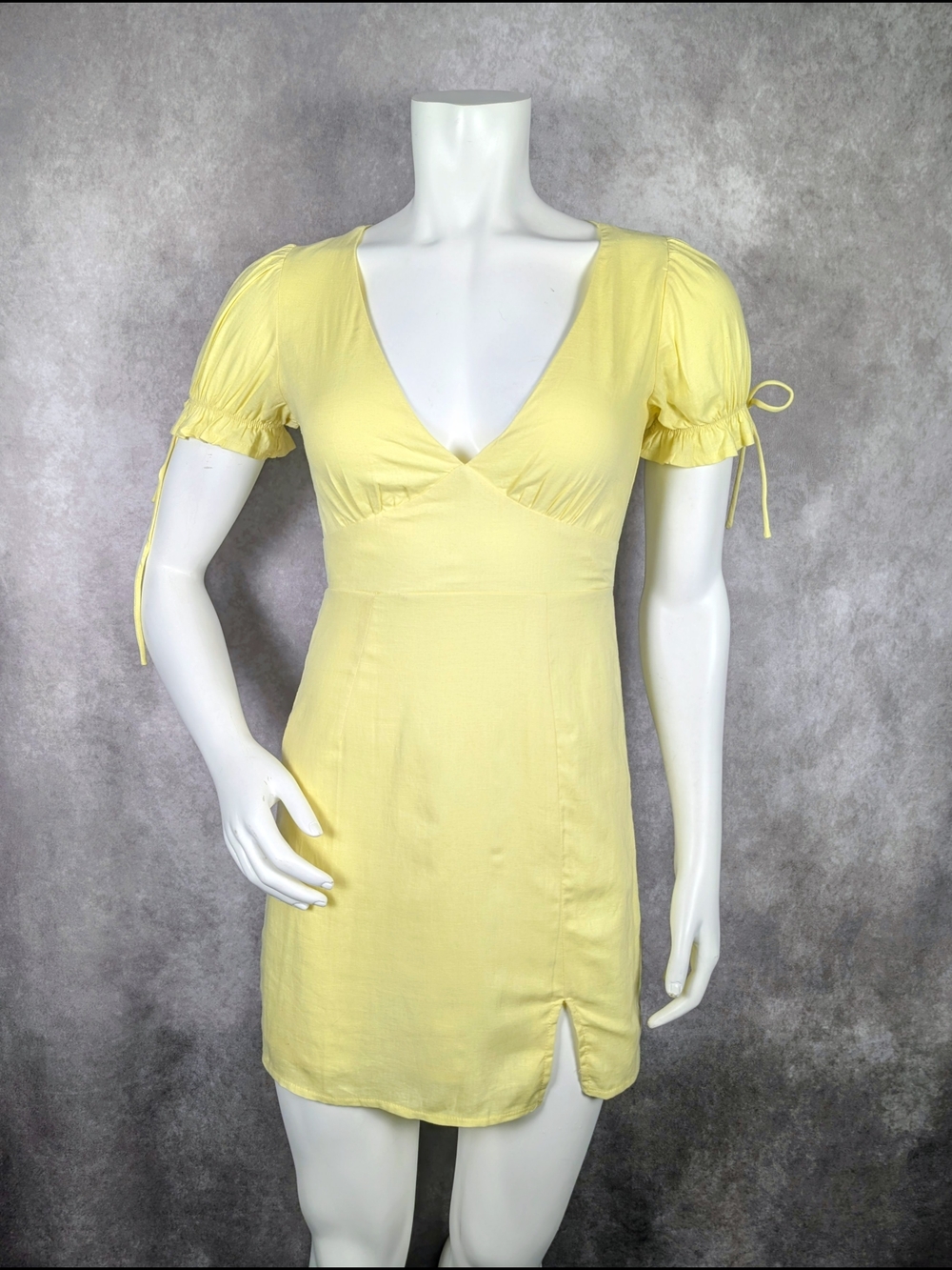 Sundae Muse Yellow Linen Mini Dress V-Neck Puff Sleeve Ruffle Tie 6